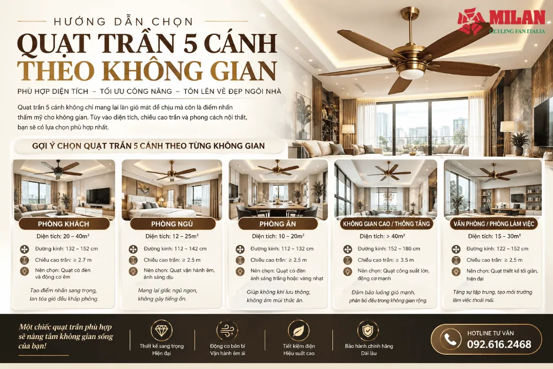 hướng dẫn chọn quạt trần 5 cánh